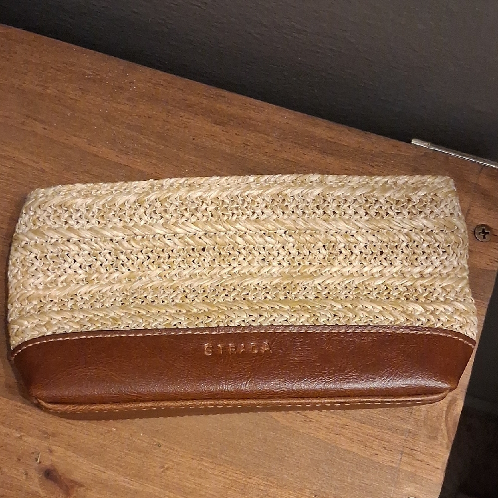 Strada Straw and Leather Cosmetic Pouch Bag